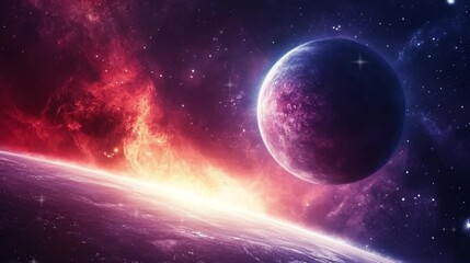 Wall Mural - Star and planet in the galaxy with rainbow colors video footage for background.