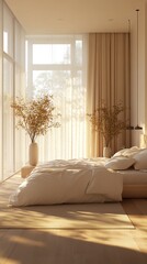 Poster - A minimalist bedroom with a large window, white bedding, and a vase of flowers. The room is bathed in warm sunlight.