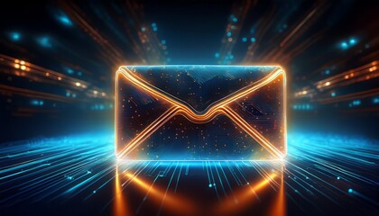 Poster - A glowing, digital envelope emanating light, symbolizing communication and technology in a futuristic setting.