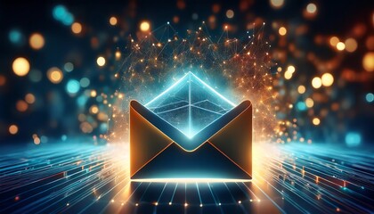 Poster - A glowing email icon emerges from vibrant digital particles, symbolizing communication and technology in a modern digital landscape.