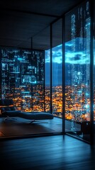 Aufkleber - A modern living room with a large window overlooking a city skyline at night. The window reflects blue code, representing the digital world.