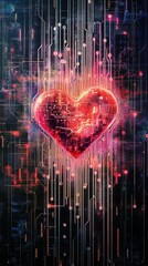 Poster - Digital heart circuit with glowing colors, abstract technology concept