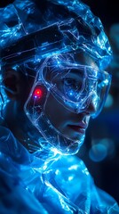 Aufkleber - A person wearing a futuristic helmet and goggles, illuminated by blue light.