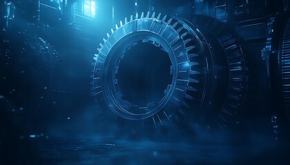 Poster - A futuristic, glowing portal scene with a circular structure, surrounded by ethereal blue light and hints of digital elements in a dark environment.