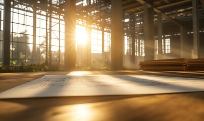 Poster - A sunlit room with large windows casts warm light on a sheet of paper resting on a wooden surface, evoking a serene and inspirational atmosphere.