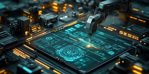Fototapete - A robotic arm with a glowing tip reaching down to a circuit board with a futuristic interface.