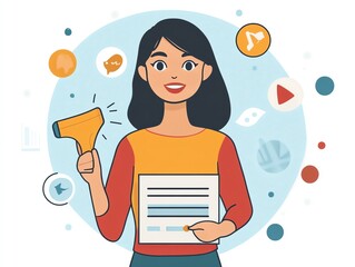 Aufkleber - A smiling woman with long black hair holds a megaphone and a paper with lines and icons around her.