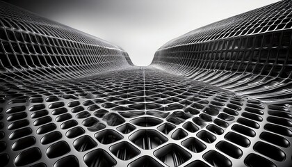 Poster - A striking black-and-white abstract of interconnected geometric patterns, creating depth and texture through a honeycomb-like structure.