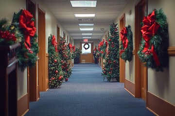 A group of employees decorates the office with garlands and wreaths. The space becomes festive and bright, Generative AI 