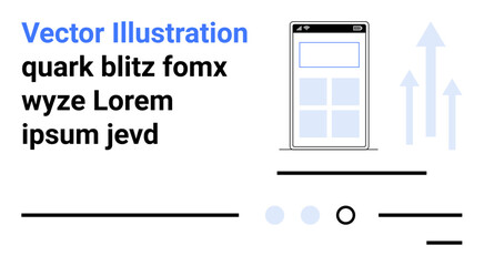 Mobile interface mockup, multiple text lines, upward arrows, icons, and interactive elements. Ideal for business growth, mobile app design, user interface, layout concepts, development updates
