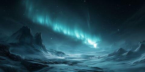 a vibrant green aurora borealis lights up the night sky above a snow-covered, rocky landscape.