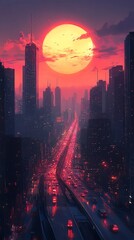 Fototapete - A vibrant sunset over a city skyline with a highway full of cars.