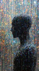 Poster - digital human silhouette with cascading binary code, futuristic technology concept