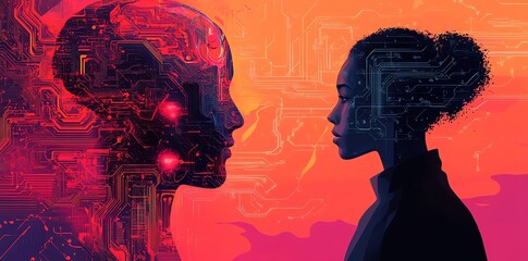 Poster - A woman stares intently at a futuristic, cyborg-like figure, both their profiles illuminated with glowing circuit boards.