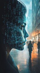Leinwandbilder - A woman's face is obscured by digital code in a city street, suggesting the blurring lines between reality and technology.
