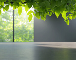 Wall Mural - serene view of green leaves framing modern office space with natural light. vibrant foliage contrasts beautifully with sleek interior design