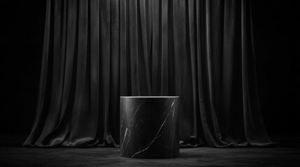 Wall Mural - Elegant black marble pedestal with dramatic drapery backdrop