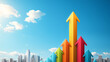 © Jakrapan - Colorful arrows symbolize growth and success against city skyline backdrop, representing opportunities and progress in urban development