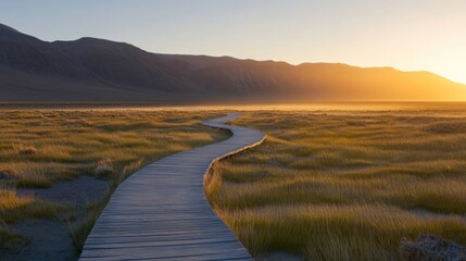 Wall Mural - The boardwalk leads through a serene desert landscape, bathed in the warm glow of sunset, promoting a sense of adventure and peace