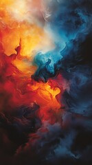 Poster - Abstract art with swirling colors of red, orange, blue and grey in a cloud like formation.