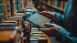 © Ta - Hand placing a tablet PC among library shelves, representing the integration of digital and physical learning.