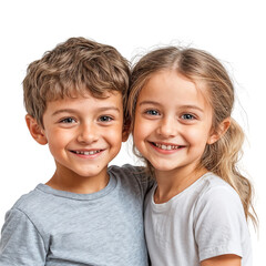 Poster - Portrait of a sister and brother smiling and hugging each other, a happy family, isolated on transparent background