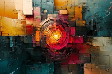 Fototapete - Abstract digital art of a glowing circle surrounded by colorful geometric shapes.