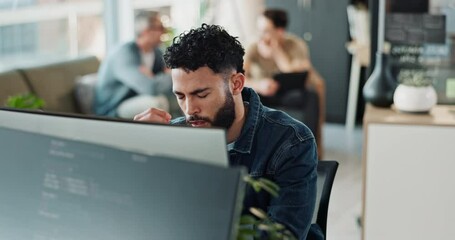 Aufkleber - Man, eye strain and computer in office, pain and employee burnout at startup business. Male person, coworking workplace and frustrated for glare on monitor, tension migraine and tired professional