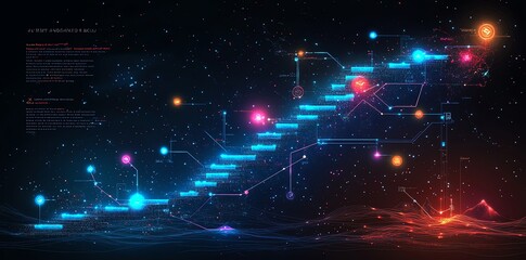 Fototapete - Abstract futuristic digital background with glowing lines and shapes in a dark space environment.