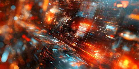 Poster - Abstract futuristic digital interface with glowing red and blue lights.