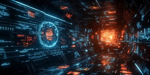 Poster - Abstract futuristic tunnel with blue and orange glowing lines and data.