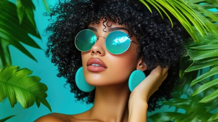 Wall Mural - Stylish Woman with Curly Hair and Sunglasses in Tropical Setting