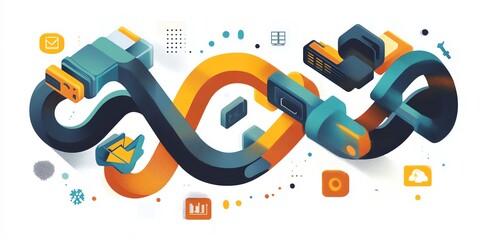 Poster - Abstract illustration of a black and orange infinite loop with various technology icons on a white background.
