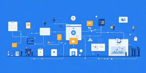 Poster - Abstract illustration of a complex business process with icons and a network of connections.