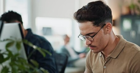 Leinwandbilder - Computer, glasses and software development with man programmer in office for coding or engineering. Desktop, reading and typing with serious employee in workplace for problem solving or thinking