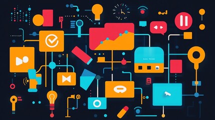 Poster - Abstract illustration of connected colorful icons representing various business processes and tasks on a dark background.