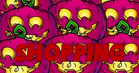 Poster - Animated Jack O' Lantern with Shopping text. Halloween, Holiday cartoon.
