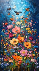 Aufkleber - An abstract painting of a field of wildflowers in vibrant hues of blue, pink, orange, and yellow with butterflies flying above.