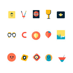 A collection of colorful, minimalistic icons featuring various objects like drinks, glasses, and playful elements, perfect for graphic design or app use.