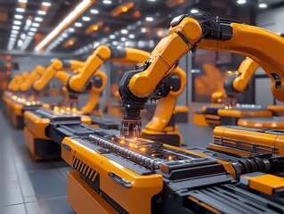 Poster - An assembly line of robotic arms working in a factory.