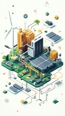 Aufkleber - An isometric illustration of a green energy city with solar panels, wind turbines, and a power plant.