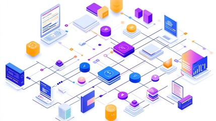 Poster - An isometric illustration of a network of interconnected data, servers, computers, and applications representing a data processing system with colorful lines and icons.