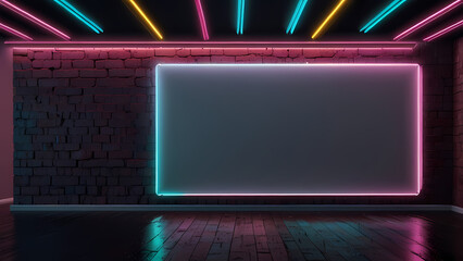 Wall Mural - background with Blank White Board Highlighted by Colorful Neon Lights theme