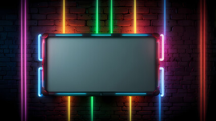 Wall Mural - background with Blank White Board Highlighted by Colorful Neon Lights theme