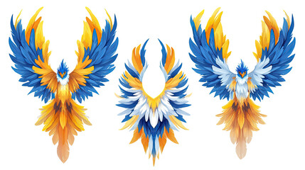 Poster - brightly colored flying birds with blue and yellow feathers isolated generative ai