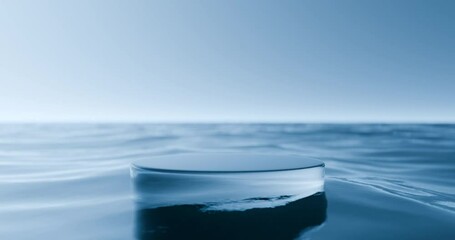 Glass podium on wave beach and blue sky abstract background. Copy space for product presentation. 3d render.	