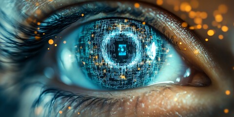 Poster - close-up of a human eye with a digital sphere of data and code in the iris.