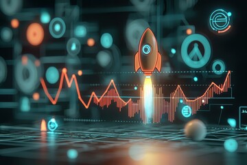 Poster - Boost your future growth with futuristic finance strategies featuring a rising graph and rocket launching trends