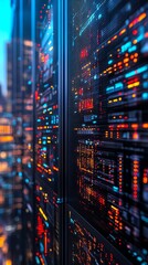 Aufkleber - Close-up of a server rack with glowing lights and data flowing through it in a modern data center.