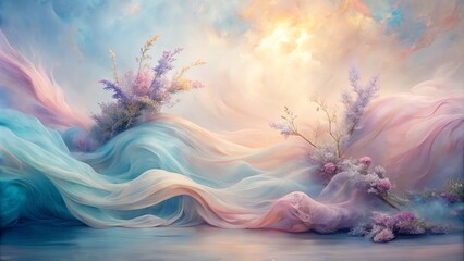 Wall Mural - A Dreamy Landscape with Soft, Flowing Fabrics and Delicate Floral Accents